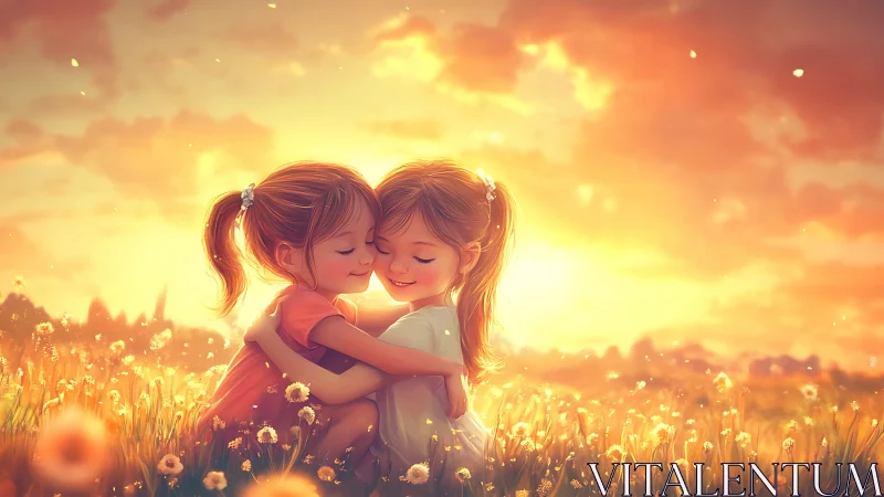 Twin Sisters Embracing in Golden Hour Sunflower Field Landscape