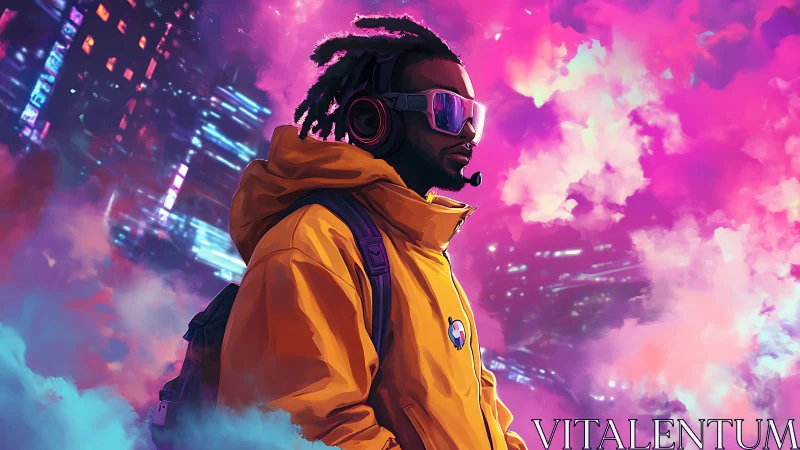 Neon night wanderer drifting through dreamy city clouds.