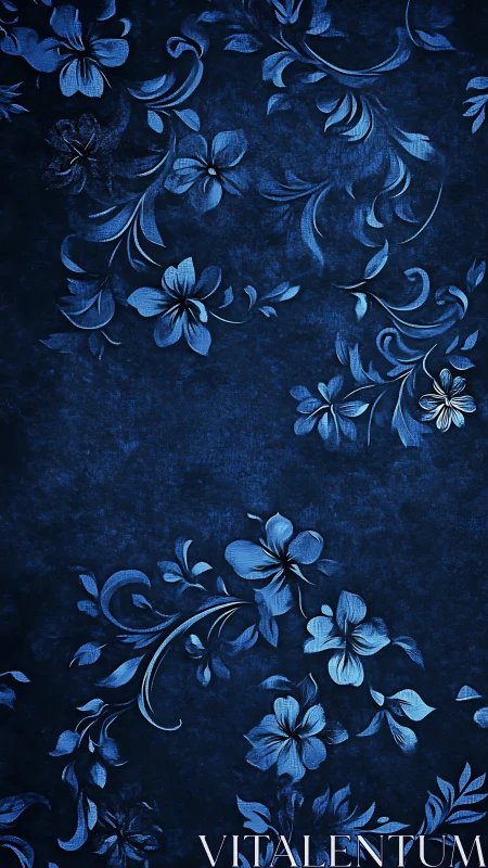 Blue Floral Botanical Pattern on Textured Dark Background
