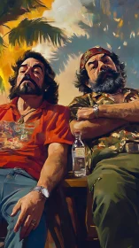 Laid-back duo lounge under tropical skies in vivid paint