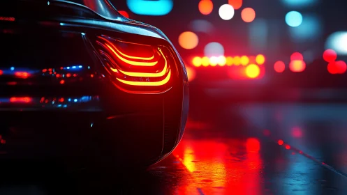 Night street view of sports car taillights in rain.