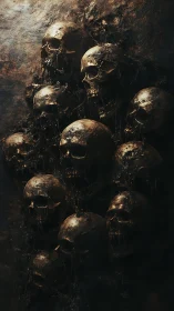 Oxidized human skull relief in dramatic chiaroscuro lighting.