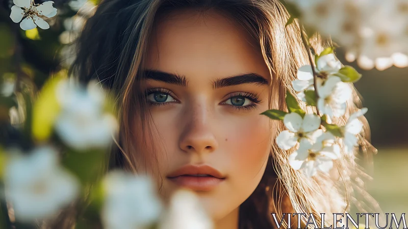 Portrait amid spring blossoms with soft golden light.