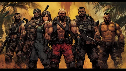 Battle-hardened jungle squad standing strong together.