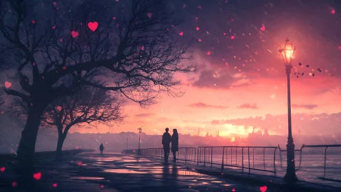 Love's Luminous Promenade: Silhouetted Hearts Float.