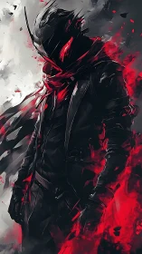 Shrouded raven warrior engulfed in crimson energy storm.