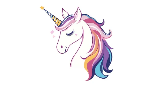 Gentle unicorn tilts its head with flowing rainbow mane