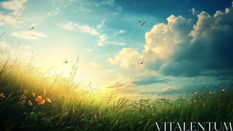 Digital landscape depicts grassy field under low sun and clouds