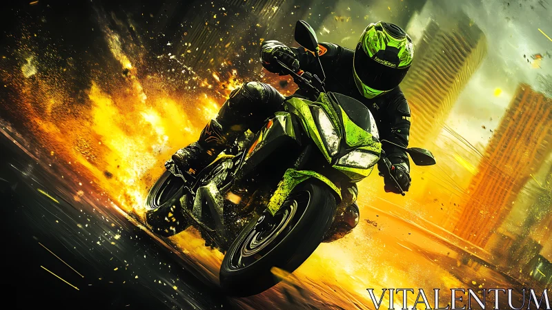 Sportbike rider cuts through urban firestorm explosion