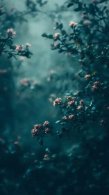 Soft Pink Blooms Glow Through Misty Teal Dreams