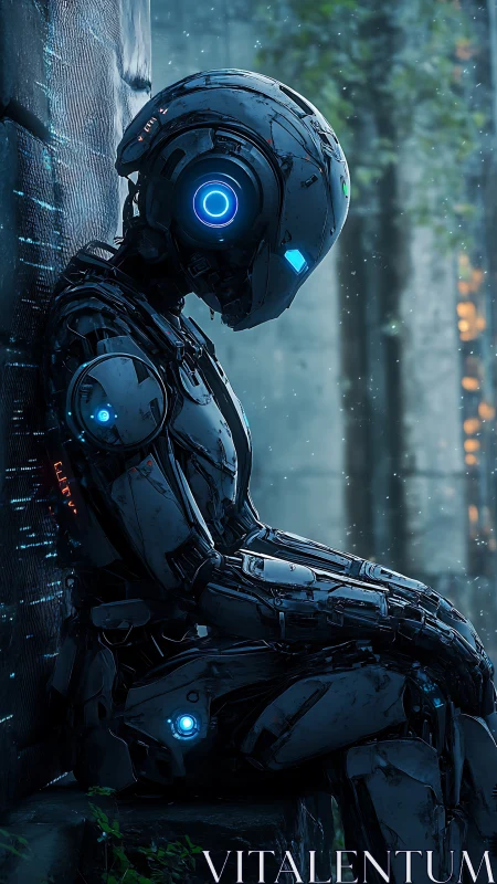 Quiet blue-hour robot resting in a rainy forest corner.