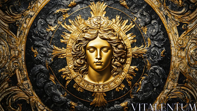 Radiant golden sun goddess medallion in baroque relief.