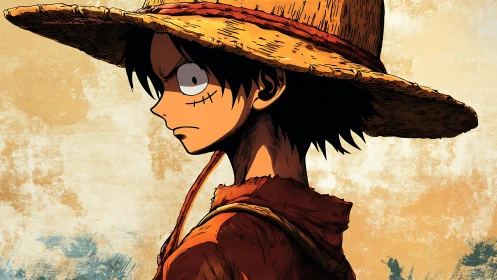 Straw hat anime character stands in profile against textured wall