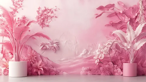Monochrome pink botanical interior with stylized foliage wall.