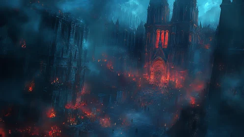 Gothic cathedral fortress engulfed in infernal cerulean fog.