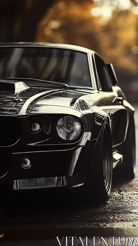 Rain-beaded muscle coupe under shallow-depth bokeh light study.