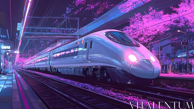 Neon night bullet train under glowing cherry blossoms.