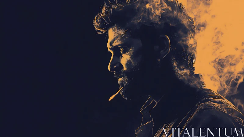 Brooding smoker in orange smoke against deep shadowed void.