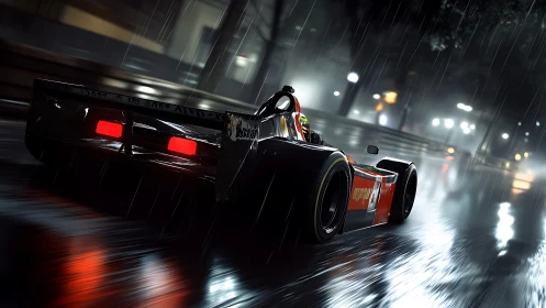 Night race car powers through rain on slick neon circuit
