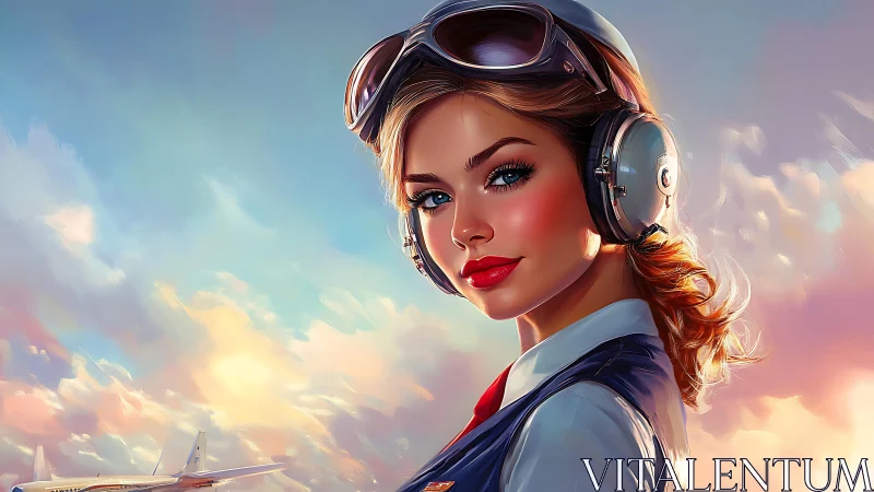 Retro aviation portrait of headset pilot against sunset sky
