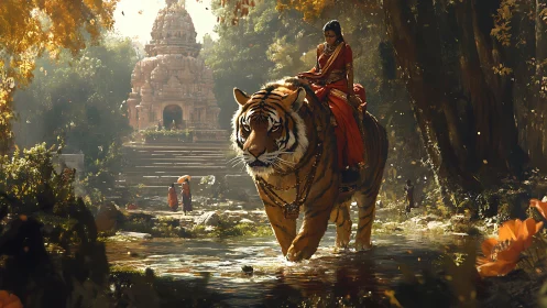 Woman in red saree riding tiger through temple forest river.