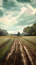 Rutted farm lane drifting toward twin barns and slow clouds.
