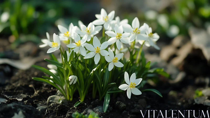 Delicate white star-shaped flowers blooming in spring soil.