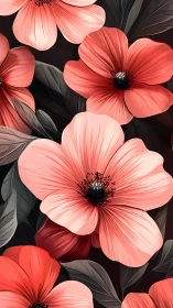 Coral poppy flowers bloom against dark backgrounds