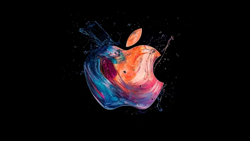 Iridescent Apple Logo Rendered in Fluid Paint Splash Composition.