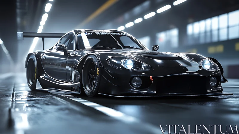 Midnight pit-lane predator, slick black race coupe prowling.