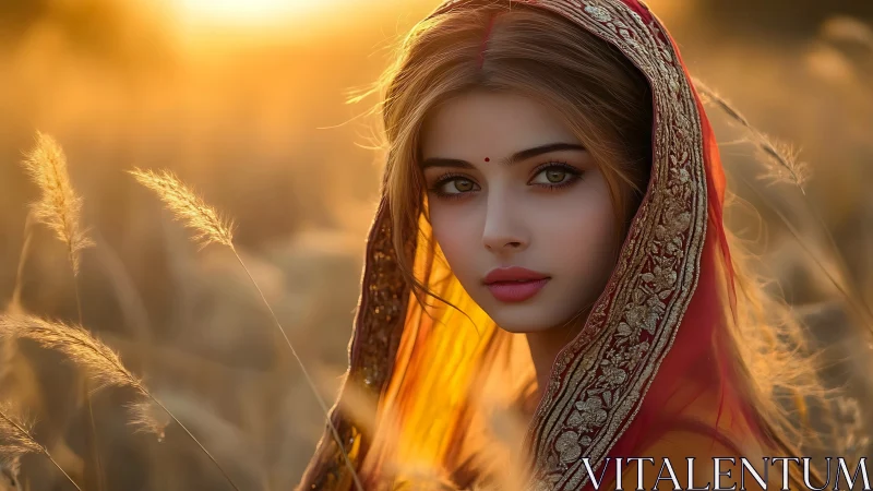 Young woman stands in backlit field wearing embroidered veil
