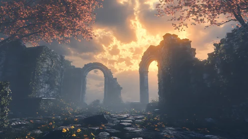 Volumetric sunset over ivy-clad stone arches in misty ruins