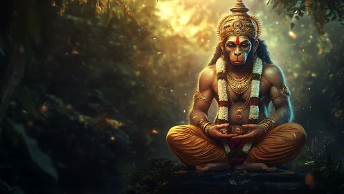 Divine monkey deity meditating in glowing forest shrine.