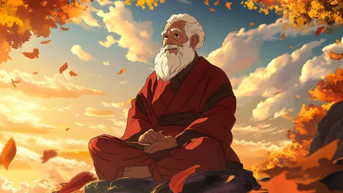 Serene elder meditating beneath radiant autumn sky.