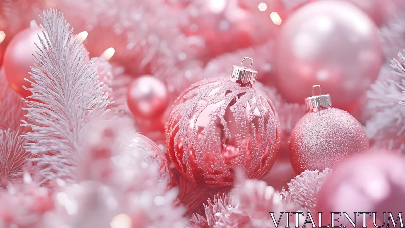 Pink Christmas ornaments among frosted tree branches.