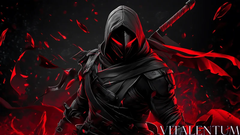 Hooded cyber ninja stands in red energy storm