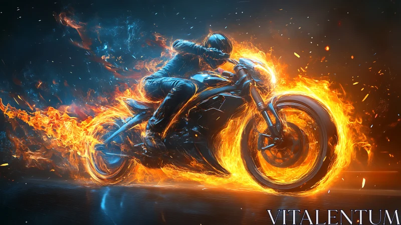 Flaming sport motorcycle rider in dynamic digital inferno.