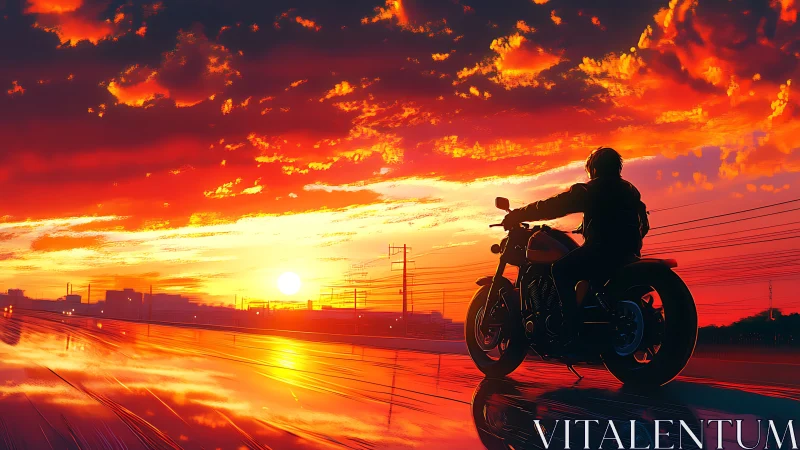 Motorcyclist silhouette on reflective highway at fiery sunset.