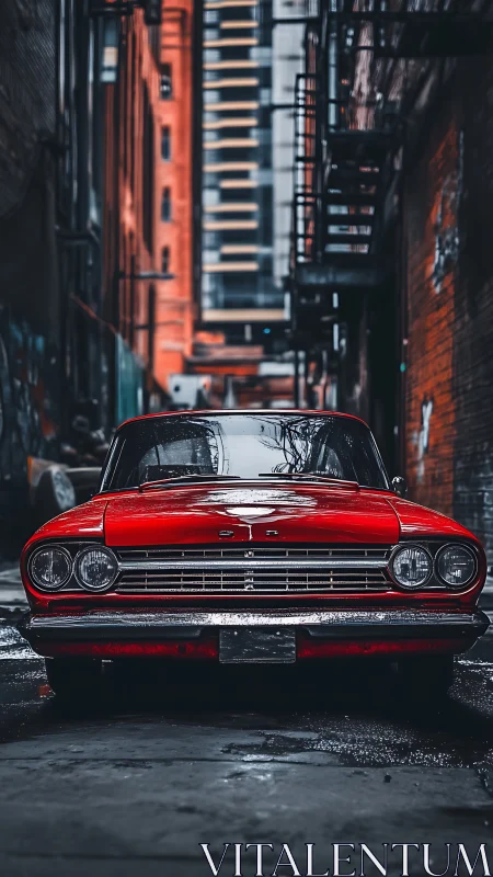 Chromatic front view of vintage red sedan in urban alleyway.