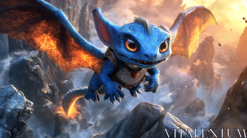 Blue baby dragon soars above fiery mountain peaks at dawn.