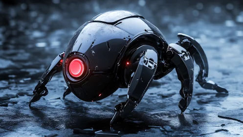 Sleek spider-like recon drone scans a rain-soaked street.