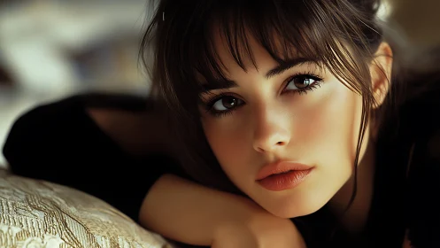 Young woman lies on pillow, face lit by soft warm light