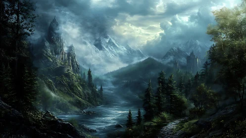 Mystic river valley winds beneath misty castles and peaks.