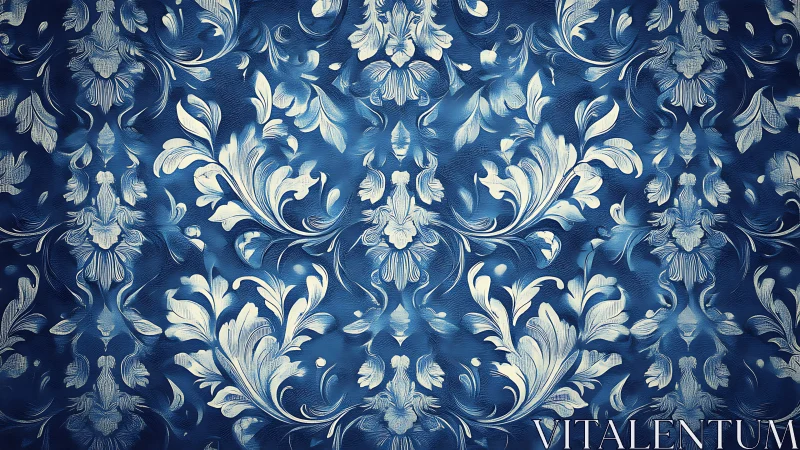 Symmetrical blue background displays stylized floral foliage pattern