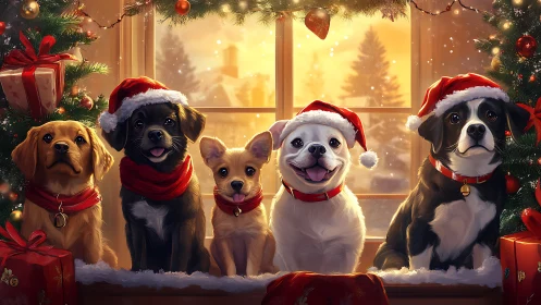Canine holiday ensemble framed in warm bokeh-lit window.
