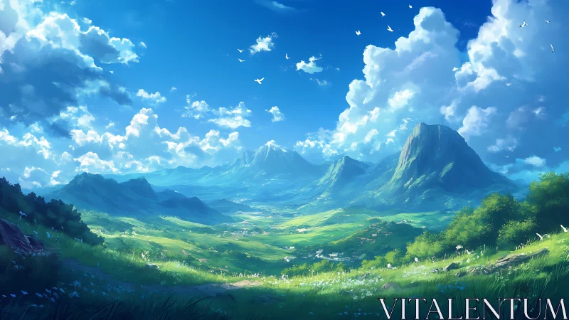 Sunlit valley stretches beneath towering blue mountains