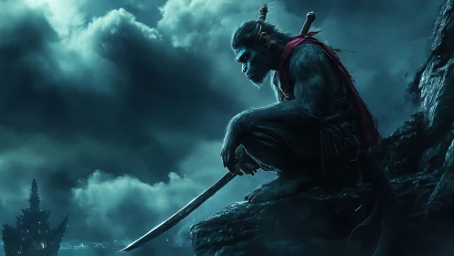 Midnight monkey warrior poised on a stormlit mountain ledge.