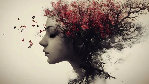Surreal female profile merging into crimson blossom tree.