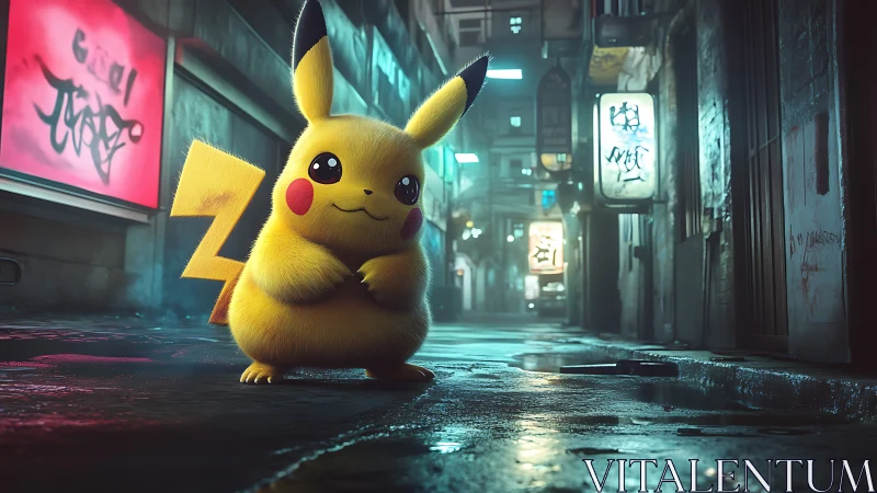 Electric cartoon creature in neon cyberpunk alley at night.