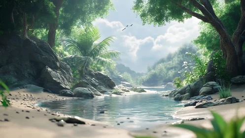 River gorge landscape rendered with tropical vegetation and clear water.